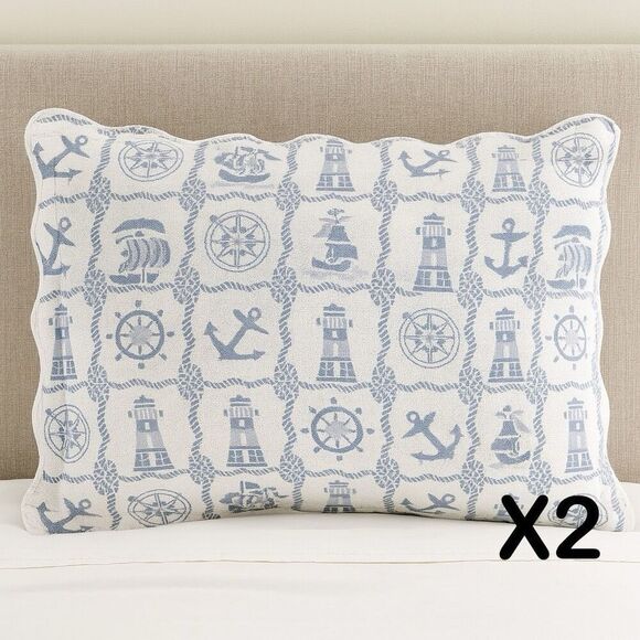 Set of 2 Nautical Pillow Shams Blue White Lighthouse Anchor Compass Coastal 22”x - Picture 1 of 5